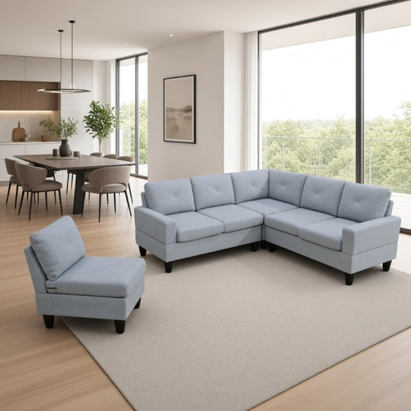 English Elm 95.5 Inch Modular L-Shaped Sectional with Chaise Six Seat Calico Fabric Living Room Sofa Grey Linen B082S00178