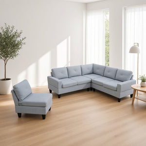 English Elm 95.5 Inch Modular L-Shaped Sectional with Chaise Six Seat Calico Fabric Living Room Sofa Grey Linen B082S00178