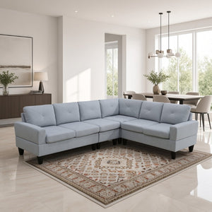 English Elm 95.5 Inch Modular L-Shaped Sectional with Chaise Six Seat Calico Fabric Living Room Sofa Grey Linen B082S00178