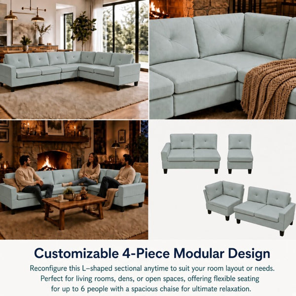 English Elm 95.5 Inch Sage Green Modular Sectional Sofa Six Seat L Shaped Calico Fabric Couch B082S00179
