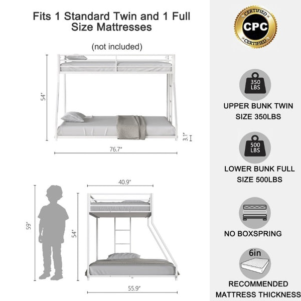 English Elm Adam Sturdy White Metal Twin Over Full Bunk Bed with Guardrails and Reversible Ladder B083P160614