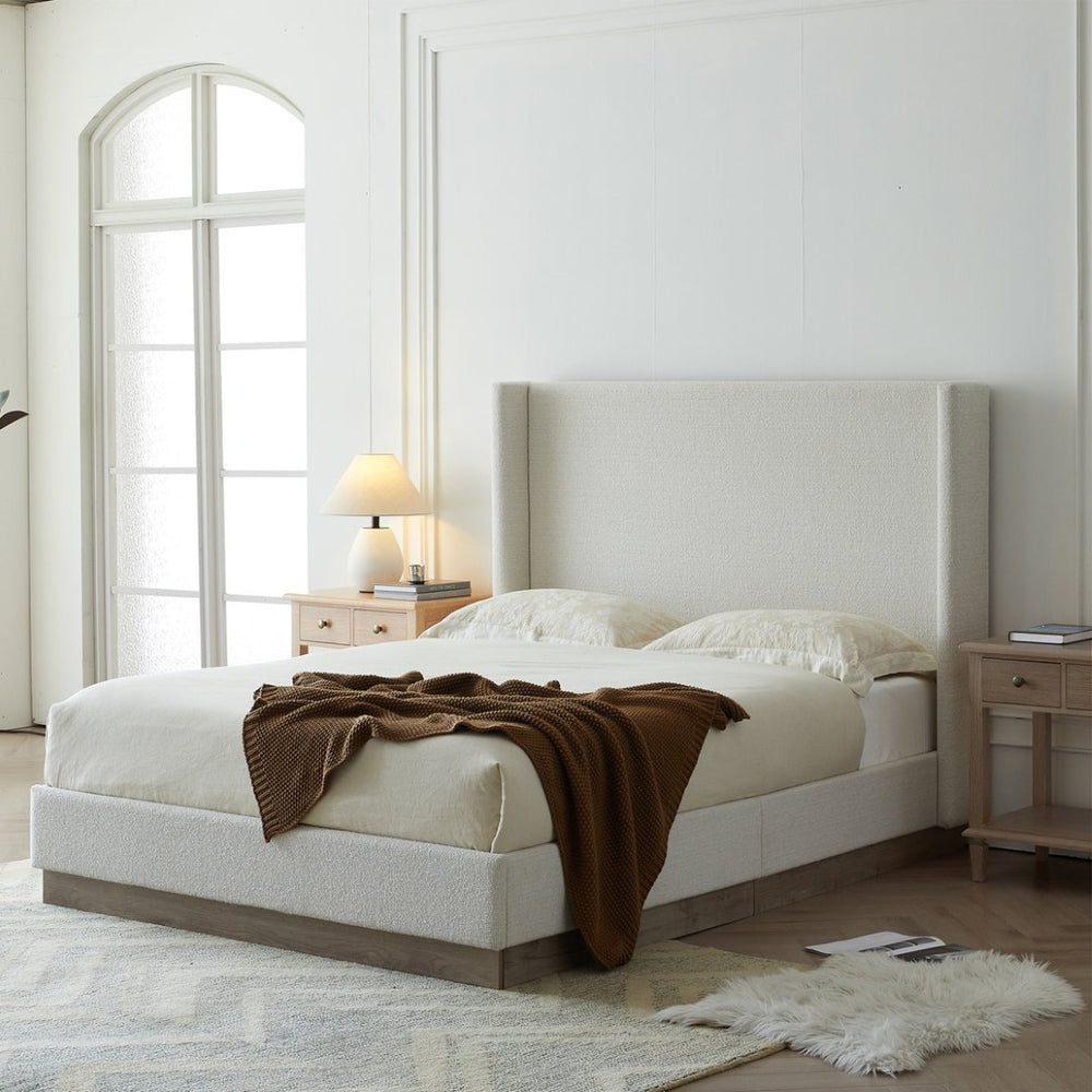 English Elm Hosford Wingback Platform Bed Boucle Upholstered with Oak Base No Box Spring Cream White B083P407044
