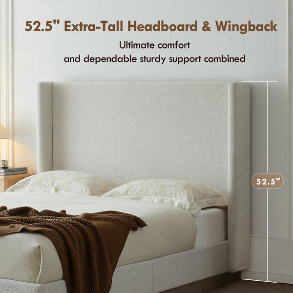 English Elm Hosford Wingback Platform Bed Boucle Upholstered with Oak Base No Box Spring Cream White B083P407044
