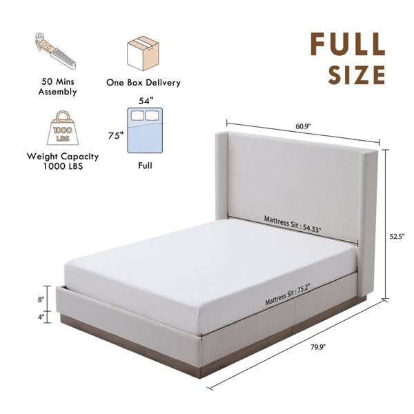 English Elm Hosford Wingback Platform Bed Boucle Upholstered with Oak Base No Box Spring Cream White B083P407044