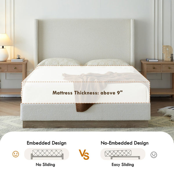 English Elm Hosford Wingback Platform Bed Tall Boucle Headboard Rustic Oak Base Minimalist Bedroom Cream White Boucle B083P407047