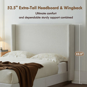 English Elm Hosford Wingback Platform Bed Tall Boucle Headboard Rustic Oak Base Minimalist Bedroom Cream White Boucle B083P407047