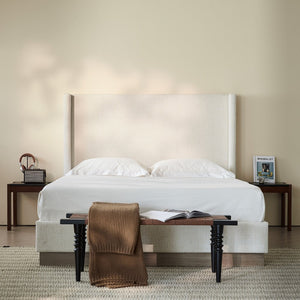 English Elm Hosford Wingback Platform Bed Boucle Upholstered Tall Headboard Oak Wood Base Full B083P407051