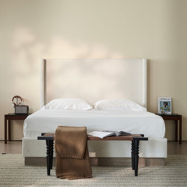 English Elm Hosford Wingback Platform Bed Boucle Upholstered Tall Headboard Oak Wood Base Full B083P407051