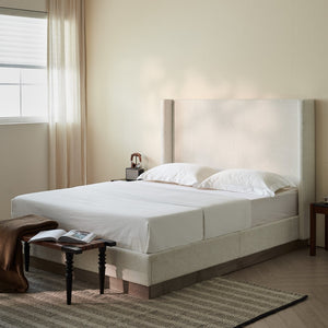 English Elm Hosford Wingback Platform Bed Boucle Upholstered Tall Headboard Oak Wood Base Full B083P407051