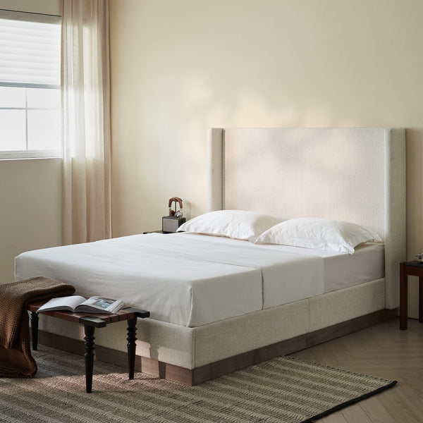 English Elm Hosford Wingback Platform Bed Boucle Upholstered Tall Headboard Oak Wood Base Full B083P407051