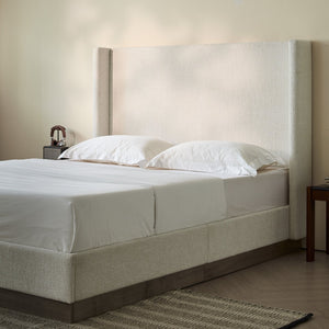 English Elm Hosford Wingback Platform Bed Boucle Upholstered Tall Headboard Oak Wood Base Full B083P407051