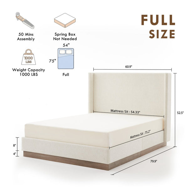 English Elm Hosford Wingback Platform Bed Boucle Upholstered Tall Headboard Oak Wood Base Full B083P407051