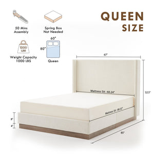 English Elm Hosford Wingback Queen Bed Boucle Upholstered Oak Base Minimalist Bedroom Frame Oat Boucle B083P407057