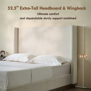 English Elm Hosford Wingback Platform Bed Tall Boucle Upholstered King Frame with Oak Wood Base Oat Boucle B083P407058