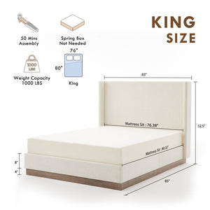 English Elm Hosford Wingback Platform Bed Tall Boucle Upholstered King Frame with Oak Wood Base Oat Boucle B083P407058