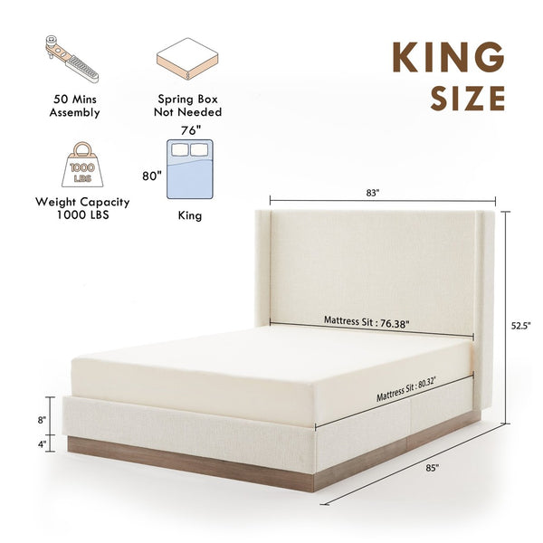 English Elm Hosford Wingback Platform Bed Tall Boucle Upholstered King Frame with Oak Wood Base Oat Boucle B083P407058