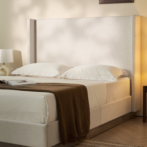 English Elm Hosford Wingback Platform Bed Boucle Upholstered with Oak Base No Box Spring Ivory B083P407065