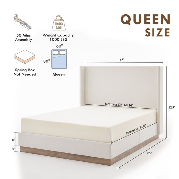 English Elm Hosford Wingback Queen Bed Boucle Upholstered Oak Base Minimalist Bedroom Frame Textured Ivory Canvas B083P407066