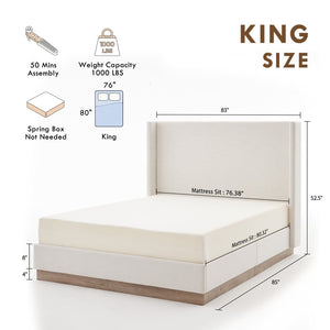 English Elm Hosford Wingback Platform Bed Tall Boucle Upholstered King Frame with Oak Wood Base Textured Ivory Canvas B083P407067