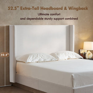 English Elm Hosford Wingback Platform Bed Tall Boucle Headboard Rustic Oak Base Minimalist Bedroom Textured Ivory Canvas B083P407075