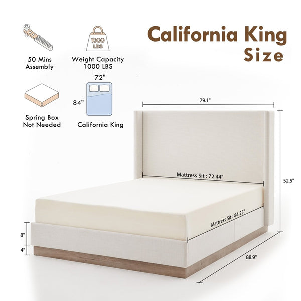 English Elm Hosford Wingback Platform Bed Tall Boucle Headboard Rustic Oak Base Minimalist Bedroom Textured Ivory Canvas B083P407075