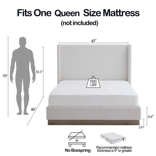 English Elm Hale Wingback Queen Bed Boucle Upholstered Tall Headboard Elegant Bedroom Frame B083P407086