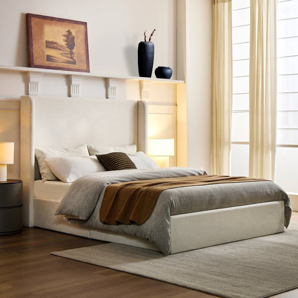 English Elm Carmen Wingback Platform Bed Sculptural Ivory Canvas Upholstery No Box Spring Full B083P410388