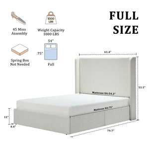 English Elm Carmen Wingback Platform Bed Sculptural Ivory Canvas Upholstery No Box Spring Full B083P410388