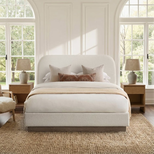 English Elm Linton Boucle Platform Bed with Oak Base and Tall Curved Headboard for Modern Bedrooms B083P473915