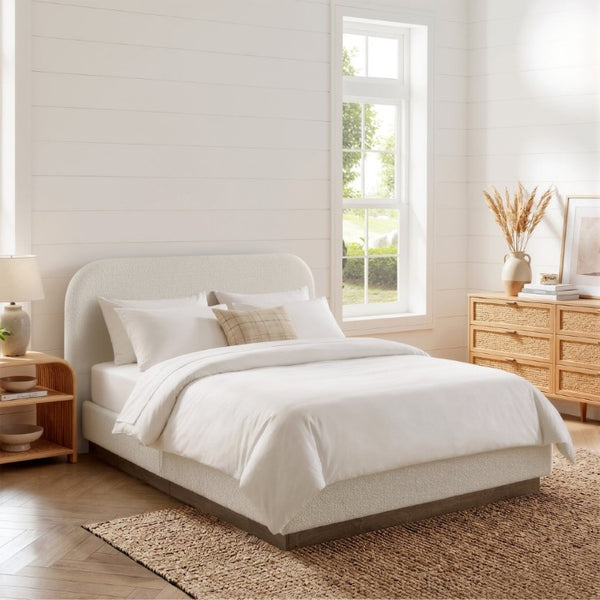 English Elm Linton Boucle Platform Bed with Oak Base and Tall Curved Headboard for Modern Bedrooms B083P473915