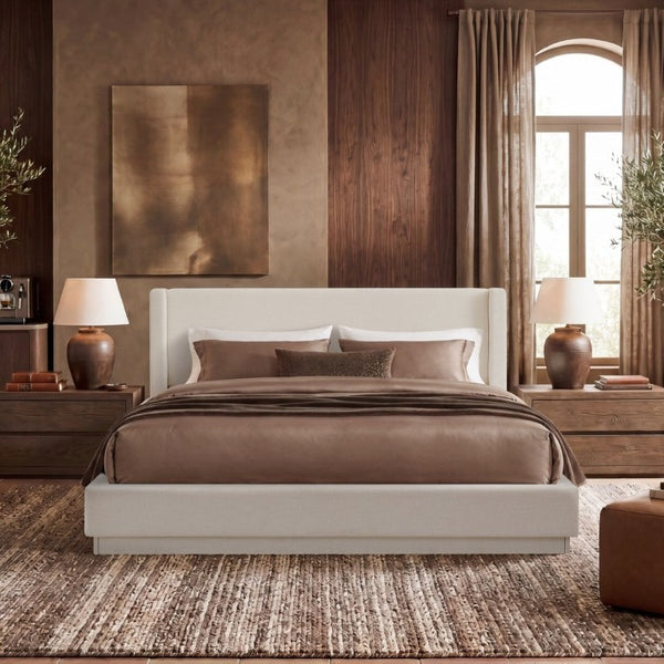 English Elm Noir King Platform Bed Canvas Upholstered Wingback Headboard Seamless Fabric Base B083P486461