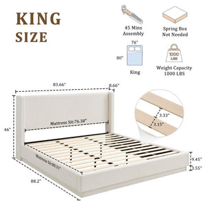 English Elm Noir King Platform Bed Canvas Upholstered Wingback Headboard Seamless Fabric Base B083P486461