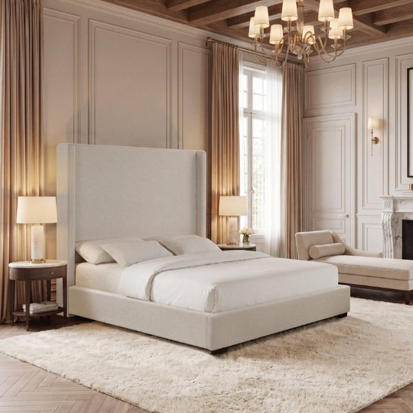English Elm Hampton Upholstered King Platform Bed Tall Architectural Headboard Canvas Fabric Frame B083P522577