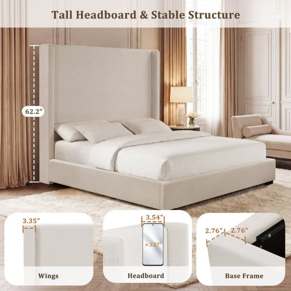 English Elm Hampton Upholstered King Platform Bed Tall Architectural Headboard Canvas Fabric Frame B083P522577