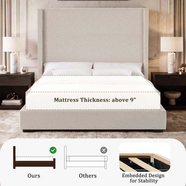 English Elm Hampton Upholstered King Platform Bed Tall Architectural Headboard Canvas Fabric Frame B083P522577
