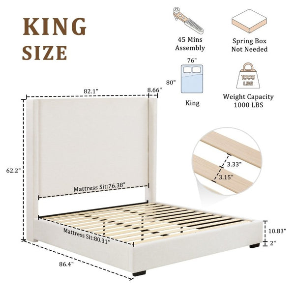 English Elm Hampton Upholstered King Platform Bed Tall Architectural Headboard Canvas Fabric Frame B083P522577