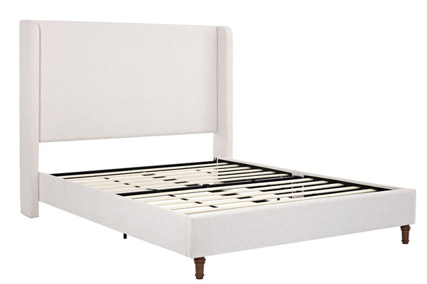 English Elm Harper Wingback Upholstered Bed Tall Ivory Canvas Headboard with Walnut Wood Feet B083P522584