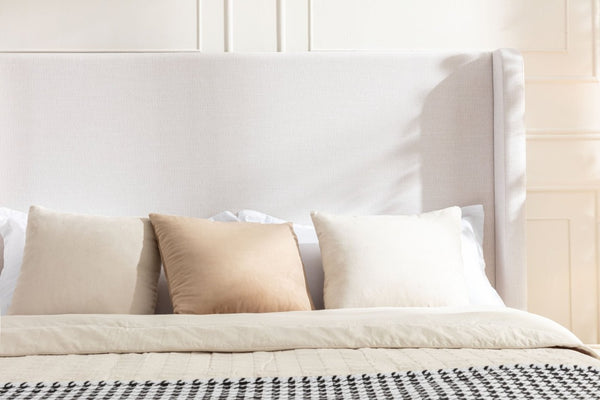 English Elm Harper Wingback Upholstered Bed Tall Ivory Canvas Headboard with Walnut Wood Feet B083P522584