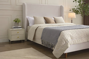 English Elm Harper Wingback Upholstered Bed Tall Ivory Canvas Headboard with Walnut Wood Feet B083P522584