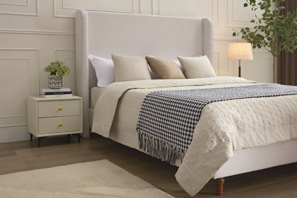 English Elm Harper Wingback Upholstered Bed Tall Ivory Canvas Headboard with Walnut Wood Feet B083P522584