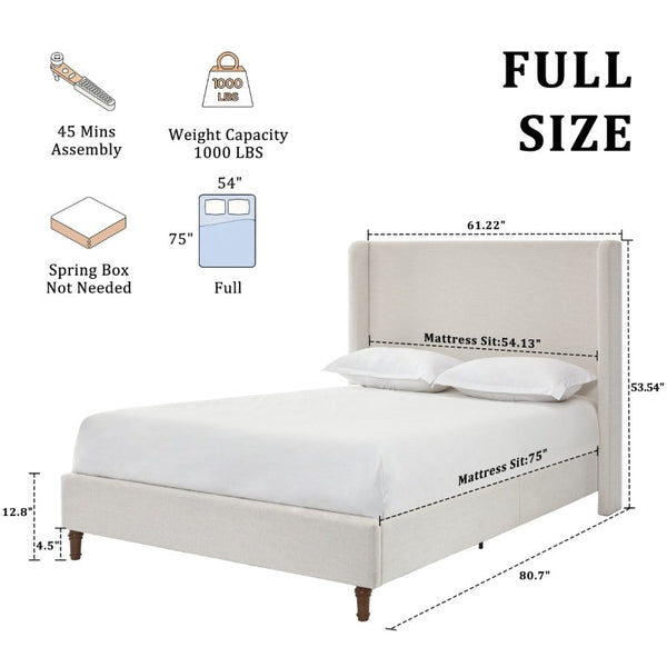 English Elm Harper Wingback Upholstered Bed Tall Ivory Canvas Headboard with Walnut Wood Feet B083P522584