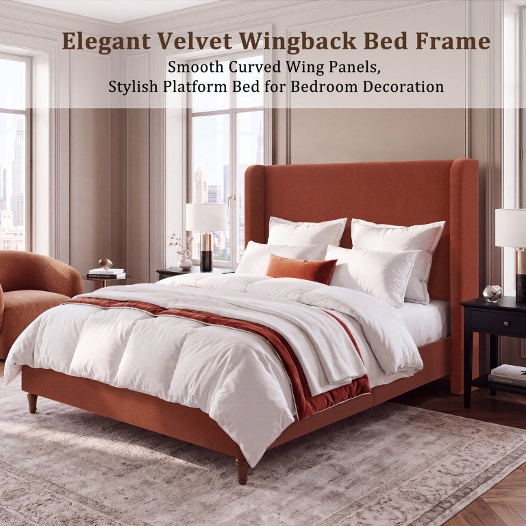 English Elm Harper Queen Upholstered Bed Velvet Wingback Headboard Walnut Legs No Box Spring B083P549646