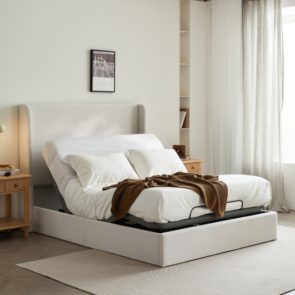 English Elm Caron Wingback Queen Bed with Chenille Upholstery and Adjustable Zero Gravity Base B083S00010
