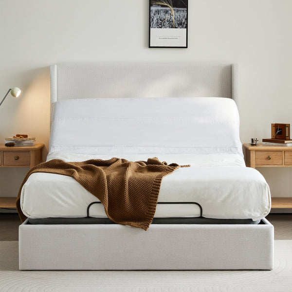 English Elm Caron Wingback Queen Bed with Chenille Upholstery and Adjustable Zero Gravity Base B083S00010