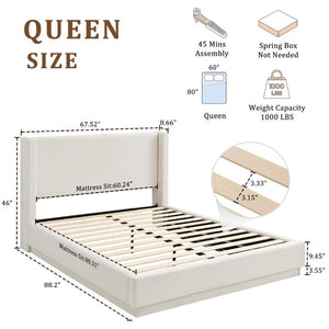 English Elm Noir Queen Platform Bed Wingback Canvas Upholstered Frame with Seamless Wrapped Base B083S00013