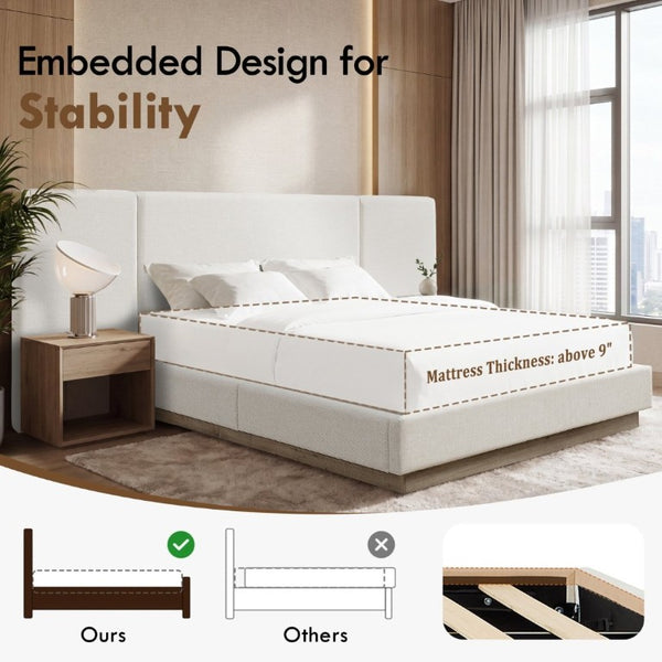 English Elm Muse Canvas Upholstered Queen Platform Bed Wide Padded Headboard Wood Base B083S00014