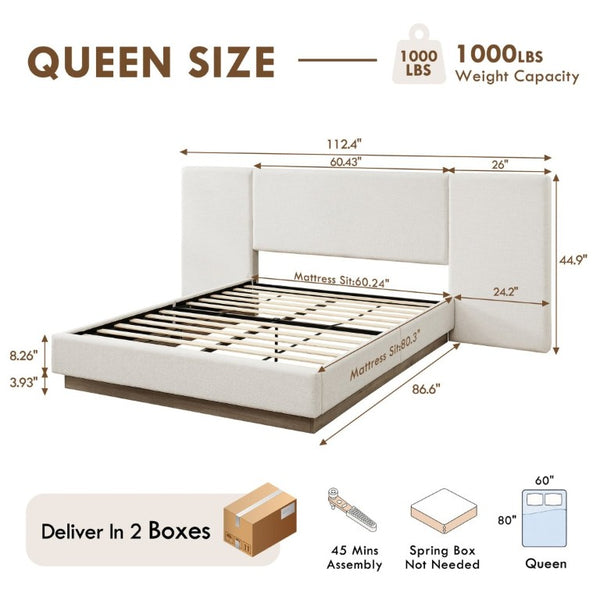 English Elm Muse Canvas Upholstered Queen Platform Bed Wide Padded Headboard Wood Base B083S00014