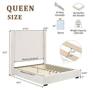 English Elm Hampton Queen Platform Bed Tall Canvas Upholstered Headboard Rubberwood Legs Modern B083S00015
