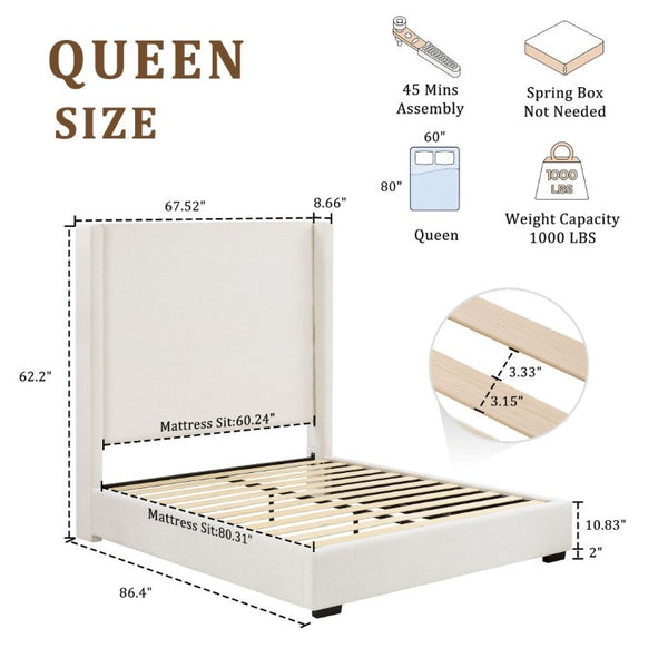 English Elm Hampton Queen Platform Bed Tall Canvas Upholstered Headboard Rubberwood Legs Modern B083S00015