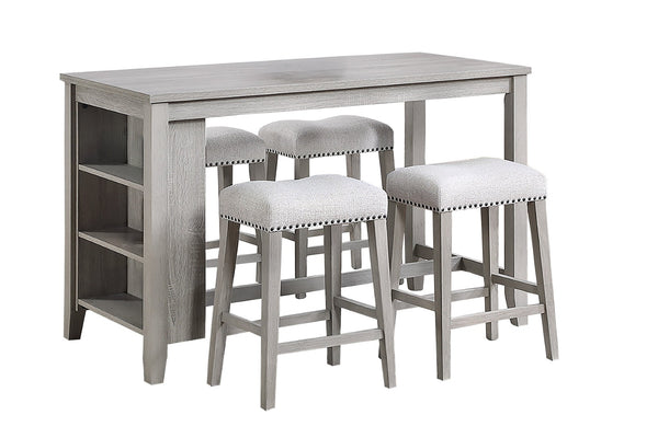 English Elm 5-piece Counter Height Dining Set Solid Wood Gray Nailhead Stools Modern Kitchen B089P524528
